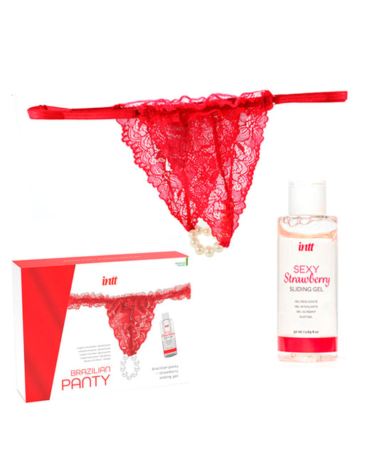 Kit Tanga De Prazer & Lubrificante Comestível Morango - Vermelho